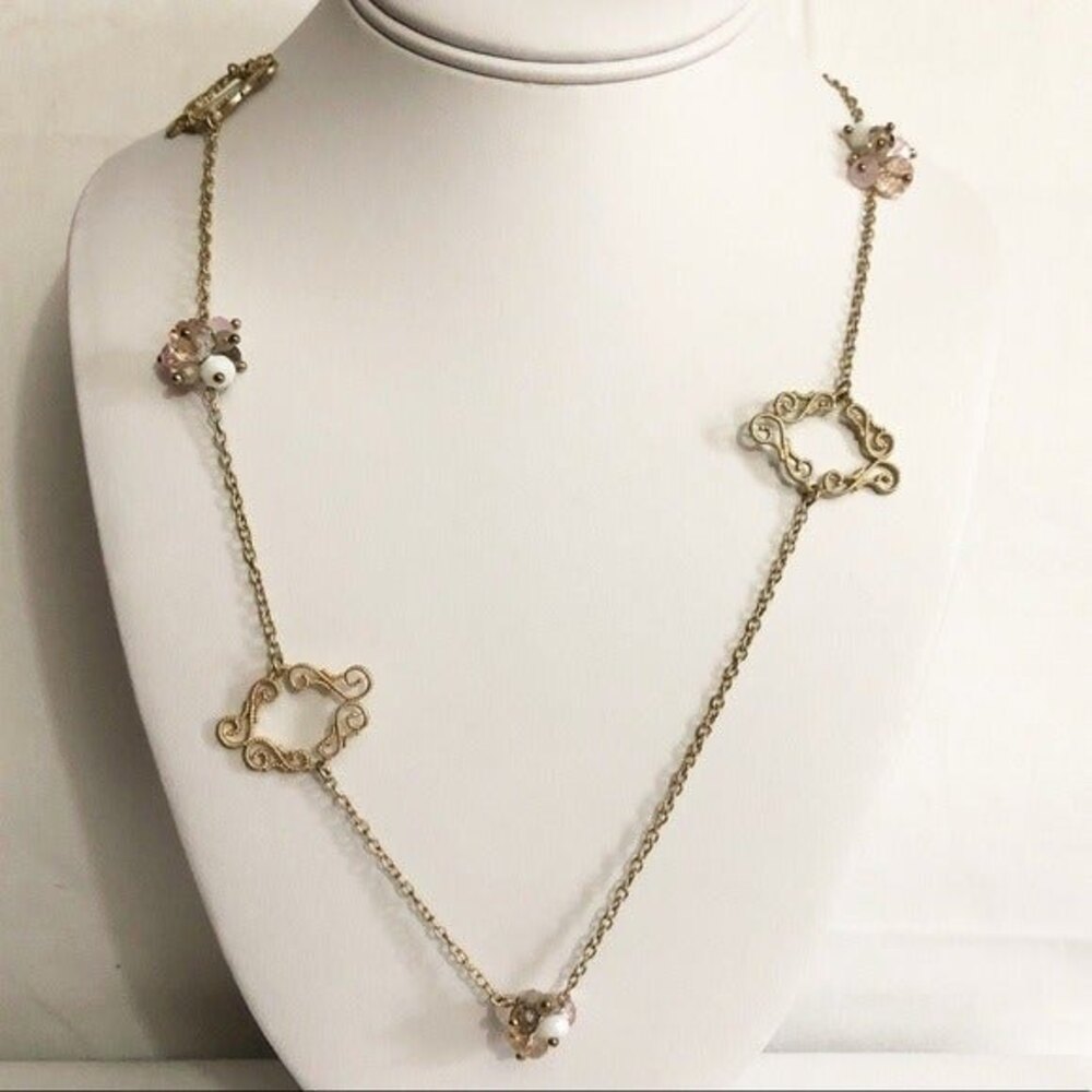 Long Beaded Gold Tone Statement Necklace